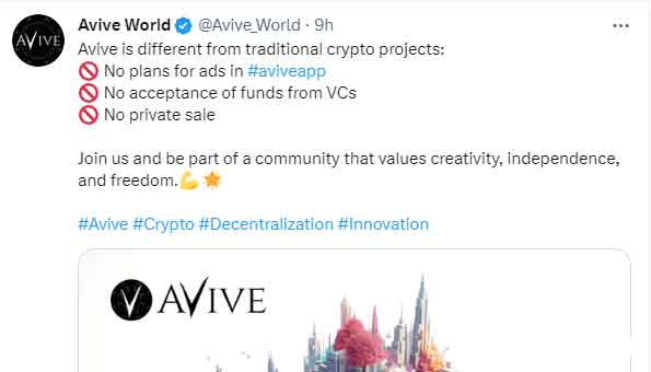 Avive规划方向很明确，实现去中心化web3时代，无风投，无私募，无广告！