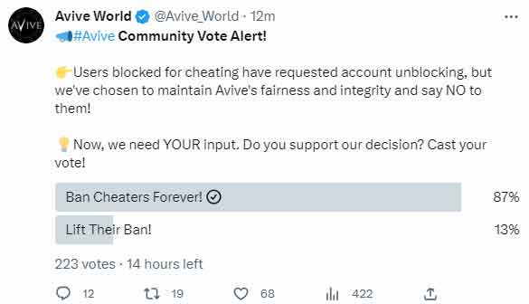 Avive社区投票提醒！关于作弊封号，Avive（VV）喊你来投票