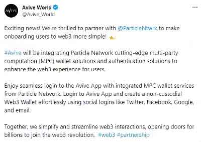 Avive将集成 Particle Network 的多方计算 (MPC) 钱包