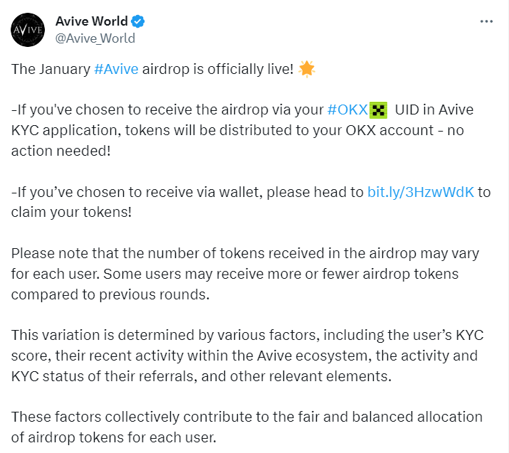 Avive world一月份空投已发放，查看是否到账，附领取教程！