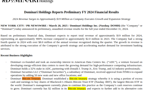 纳斯达克上市公司Dominari Holdings持有200万美元的比特币现货ETF IBIT