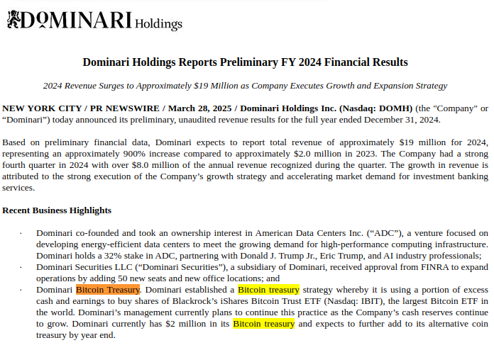 纳斯达克上市公司Dominari Holdings持有200万美元的比特币现货ETF IBIT插图